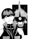  16onyx 1boy air_bubble bubble commentary eye_in_mouth greyscale highres hoshina_soshiro jacket kaijuu_no._8 looking_at_viewer male_focus monochrome monster one-eyed portrait sharp_teeth shirt short_hair slit_pupils smirk symbol-only_commentary teeth tight_clothes tight_shirt zipper 