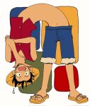  1boy ? black_hair blue_shorts crossed_arms fur_trim hat looking_at_viewer male_focus monkey_d._luffy one_piece onno_ll open_mouth red_shirt sandals scar scar_on_cheek scar_on_face shirt short_hair shorts sleeveless sleeveless_shirt straw_hat third-party_source upside-down 