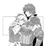  2boys armor brothers clive_rosfield closed_eyes facial_hair final_fantasy final_fantasy_xvi gloves greyscale hair_between_eyes hand_on_another&#039;s_head hiryuu_(kugelcruor) hug joshua_rosfield long_sleeves looking_at_another male_focus messy_hair monochrome multiple_boys scar scar_on_cheek scar_on_face short_hair shoulder_armor siblings smile stubble upper_body vest white_background 