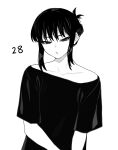  1girl bare_shoulders black_hair character_age collarbone expressionless gender_transitioning greyscale highres looking_at_viewer medium_hair monochrome original shadow short_sleeves simple_background solo upper_body vulcan_(ejel2000) white_background 