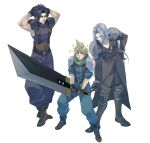  3boys armor arms_behind_head baggy_pants belt black_footwear black_gloves black_hair black_jacket blonde_hair blue_eyes blue_pants blue_shirt boots buster_sword closed_eyes cloud_strife crisis_core_final_fantasy_vii final_fantasy final_fantasy_vii from_above full_body gloves grey_hair grin highres holding holding_sword holding_weapon jacket long_coat long_hair long_sleeves male_focus multiple_belts multiple_boys pants parted_bangs parted_lips pectorals ryouto sephiroth shirt short_hair shoulder_armor sleeveless sleeveless_turtleneck sleeves_rolled_up smile sparkle spiky_hair suspenders sword turtleneck weapon white_background zack_fair 