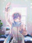  1boy arms_up bibinggwas2 blue_hair blue_nails blue_scarf blush clenched_hands closed_eyes commentary facing_viewer hand_up highres kaito_(vocaloid) long_sleeves male_focus scarf short_hair smile solo teeth upper_body vocaloid 