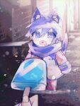  +_+ 1boy animal_ear_fluff animal_ears bibinggwas2 blue_eyes blue_hair blue_scarf blush brown_pants commentary food highres holding holding_food holding_popsicle kaito_(vocaloid) long_sleeves open_mouth out_of_frame pants popsicle scarf short_hair standing star_(symbol) tail vocaloid 