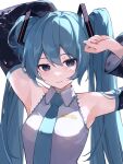  1girl armpits arms_up black_sleeves blue_eyes blue_hair blue_necktie detached_sleeves embarrassed hatsune_miku highres long_hair necktie rakugaki_ningen shirt sleeveless sleeveless_shirt solo twintails very_long_hair vocaloid white_background white_shirt 