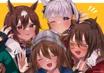  4girls ;) ^_^ animal_ears beanie black_gloves blue_coat blunt_bangs blush brown_hair brown_headwear closed_eyes coat domino_mask ear_scrunchie ears_through_headwear el_condor_pasa_(umamusume) facing_viewer fingerless_gloves gloves gold_ship_(umamusume) green_jacket grey_hair grey_headwear hair_between_eyes hat highres horse_ears horse_girl jacket long_hair long_sleeves looking_at_viewer mare_ma mask multicolored_hair multiple_girls nakayama_festa_(umamusume) one_eye_closed pillbox_hat red_coat red_eyes simple_background sirius_symboli_(umamusume) smile streaked_hair twitter_username umamusume upper_body violet_eyes white_gloves white_hair yellow_background 