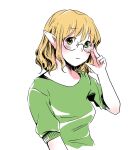  1girl adjusting_eyewear alternate_costume bespectacled black-framed_eyewear blonde_hair blush breasts chikuwa_coffee_(milk_soda) closed_mouth commentary_request expressionless glasses green_eyes green_shirt highres looking_at_viewer medium_bangs medium_breasts mizuhashi_parsee pointy_ears round_eyewear shirt short_hair short_sleeves simple_background solo t-shirt touhou upper_body white_background 