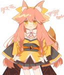  1girl :3 animal_ears blush bow bowtie braid commentary fate/samurai_remnant fate_(series) fox fox_ears fox_girl fox_tail hair_bow highres japanese_clothes kimono light_smile long_hair looking_at_viewer pink_hair simple_background sleeves_past_fingers sleeves_past_wrists tail tamamo_(fate) tamamo_aria twin_braids very_long_hair very_long_sleeves white_background white_bow white_bowtie yaruco_(freedumco) yellow_bow yellow_eyes yellow_kimono 