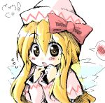  1girl blonde_hair bow brown_eyes commentary_request fairy fairy_wings flying_sweatdrops hair_between_eyes hair_bow hands_up hat hatching_(texture) lily_white linear_hatching long_hair long_sleeves lowres meta&#039;36 oekaki open_mouth pink_bow pink_shirt shirt sketch solo sweat touhou white_headwear wings 