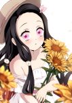  1girl :o absurdres bare_shoulders black_hair breasts brown_hair dress flower forehead hair_flower hair_ornament hair_ribbon hat highres holding holding_flower kamado_nezuko kimetsu_no_yaiba long_hair multicolored_hair open_mouth pink_eyes pink_ribbon pori_(kmt_pori) ribbon solo sunflower white_dress 