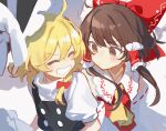  2girls ascot bare_shoulders black_headwear black_vest blonde_hair blush bow brown_eyes brown_hair closed_eyes detached_sleeves grin hair_between_eyes hair_bow hair_tubes hakurei_reimu hat hat_bow highres japanese_clothes jill_07km kirisame_marisa long_hair multiple_girls nontraditional_miko one-hour_drawing_challenge puffy_short_sleeves puffy_sleeves red_bow ribbon-trimmed_sleeves ribbon_trim shirt short_hair short_sleeves sidelocks simple_background smile touhou vest white_background white_bow white_shirt white_sleeves wide_sleeves witch_hat yellow_ascot 