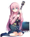  1girl absurdres amplifier black_skirt black_socks blue_eyes bocchi_the_rock! closed_mouth cube_hair_ornament electric_guitar gotoh_hitori guitar hair_between_eyes hair_ornament highres holding holding_instrument instrument jacket long_hair long_sleeves looking_at_viewer one_side_up pink_hair pink_jacket pleated_skirt simple_background skirt smile socks solo track_jacket white_background yoru_kiri 