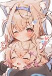  2girls :3 :d absurdres animal_ear_fluff animal_ears black_jacket blonde_hair blue_hair blush closed_eyes closed_mouth cropped_jacket dog_ears dog_girl fang fur-trimmed_jacket fur_trim fuwawa_abyssgard hair_ornament hairpin highres hololive hololive_english hug jacket long_hair looking_at_viewer maru_ccy medium_hair mococo_abyssgard multicolored_hair multiple_girls one_eye_closed open_mouth pink_hair siblings sisters smile streaked_hair twins virtual_youtuber white_background x_hair_ornament 