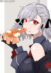  1girl bare_shoulders black_gloves black_ribbon breasts eating fingerless_gloves food girls_frontline gloves grey_hair hair_ribbon highres holding holding_food holding_pizza large_breasts long_hair looking_at_viewer pizza pizza_slice red_eyes ribbon solo spas-12_(girls&#039;_frontline) twintails wuwuwu_(kriswu555) 