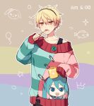  1boy :o aqua_hair aqua_sweater balloon black_hairband black_pants black_tank_top bow brushing_teeth buttons character_print collarbone crown cup double-parted_bangs empty_eyes fish hair_between_eyes hairband hatsune_miku highres holding holding_cup holding_toothbrush large_buttons lavender_background light_brown_background looking_at_viewer male_focus mikudayoo morning mug multicolored_background multicolored_sweater off-shoulder_sweater off_shoulder open_mouth orange_eyes orange_hair pants pink_sweater print_sweater project_sekai safety_pin shachi_(kaisendon) sleeves_past_wrists solo star_(symbol) striped striped_sweater stuffed_animal stuffed_toy sweater tank_top tenma_tsukasa timestamp toothbrush toothbrush_in_mouth torn_sweater upper_body very_long_sleeves vocaloid 