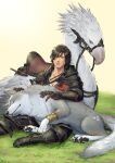  1boy ambrosia_(ff16) animal animal_ears armored_boots belt black_hair boots chocobo clive_rosfield closed_eyes facial_hair final_fantasy final_fantasy_xvi gauntlets grey_wolf highres macchama674 outdoors saddle scar scar_on_face simple_background sitting sleeping stubble torgal_(ff16) wolf 