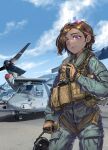  1girl aircraft blue_jumpsuit brown_gloves brown_hair clouds cloudy_sky gloves helicopter highres jumpsuit kws long_sleeves military_uniform original sky solo uniform united_states_air_force v-22_osprey violet_eyes 
