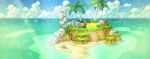  artist_request beach blue_sky clouds coconut coconut_tree commentary day english_commentary flower fushigi_no_dungeon game_cg grass horizon island light_particles light_rays no_humans ocean official_art outdoors palm_tree pillar plant pokemon pokemon_(game) pokemon_mystery_dungeon red_flower rock ruins sand scenery sky sunlight third-party_source tree vines water wide_shot 