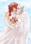  2girls ahoge blue_background bouquet braid braided_ponytail bridal_gauntlets bridal_veil bubble choker coffee87119 dress eye_contact flower green_eyes grey_eyes gundam gundam_suisei_no_majo highres long_hair looking_at_another miorine_rembran multiple_girls official_alternate_hair_length official_alternate_hairstyle redhead short_hair simple_background smile suletta_mercury teeth upper_teeth_only veil wedding_dress white_hair wife_and_wife yuri 