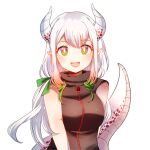  1girl absurdres bare_arms breasts dragon_girl dragon_horns dragon_tail highres horn_ornament horns long_hair multicolored_hair open_mouth pointy_ears red_scales scales smile tail turtleneck white_hair white_horns yuuni zipper 