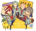  4boys absurdres amagi_rinne arm_up bee blue_eyes blue_hair bracelet bug commentary_request crazy_b_(ensemble_stars!) double_v ensemble_stars! fingernails full_body g0hanpanmen grey_hair hair_between_eyes hair_over_shoulder hands_up highres himeru_(ensemble_stars!) hood hood_down hoodie jacket jewelry long_hair long_sleeves looking_at_viewer lower_teeth_only male_focus multicolored_clothes multicolored_hoodie multiple_boys necklace one_eye_closed open_clothes open_jacket open_mouth oukawa_kohaku outstretched_arm outstretched_hand pink_hair redhead ring shiina_niki short_hair sitting smile standing teeth translation_request v violet_eyes yellow_eyes 