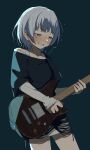  1girl bang_dream! bare_shoulders black_shirt blue_background blue_eyes blush bob_cut coldcat. cowboy_shot dot_nose from_side grey_hair guitar heterochromia highres holding holding_instrument instrument kaname_rana layered_shirt legs_apart long_bangs long_sleeves looking_down music nose_blush off-shoulder_shirt off_shoulder playing_instrument raised_eyebrows shirt short_hair simple_background sleeves_past_wrists solo white_shirt yellow_eyes 