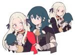 2girls @_@ blue_eyes blue_hair breasts brooch byleth_(female)_(fire_emblem) byleth_(fire_emblem) capelet character_doll do_m_kaeru doll edelgard_von_hresvelg fire_emblem fire_emblem:_three_houses gloves hair_ribbon holding holding_doll jewelry long_hair looking_at_another medium_breasts multiple_girls neckerchief open_mouth red_capelet ribbon sweat upper_body vambraces white_background white_gloves white_hair white_neckerchief