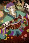  1boy bakeneko bandana driftwoodwolf facepaint flower japanese_clothes kimono kusuriuri_(mononoke) looking_at_viewer male_focus mononoke nail_polish obi ofuda sash scabbard sheath traditional_youkai tree 