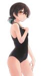  1girl black_hair black_one-piece_swimsuit blue_ribbon blush breasts brown_eyes commentary covered_navel folded_ponytail hair_ribbon highres kantai_collection kasuga_maru_(kancolle) long_hair looking_at_viewer official_alternate_costume old_school_swimsuit one-piece_swimsuit ribbon school_swimsuit simple_background small_breasts solo swimsuit yamashichi_(mtseven) 
