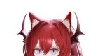  1girl absurdres animal_ear_fluff animal_ears arknights blue_eyes cat_ears highres horns kemonomimi_mode looking_at_viewer simple_background slit_pupils solo surtr_(arknights) thehprm upper_body white_background 
