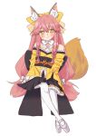  1girl absurdres animal_ear_fluff animal_ears bare_shoulders blush bow fate/samurai_remnant fate_(series) fox_ears fox_tail full_body highres japanese_clothes kimono long_hair pantyhose pink_hair platform_footwear simple_background sitting sleeves_past_fingers sleeves_past_wrists smile solo tail tamamo_aria white_background white_pantyhose wide_sleeves yellow_eyes yellow_kimono zonko_3 