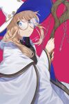  1girl blonde_hair blue_eyes cloak fate/grand_order fate_(series) glasses hamanekoko hat highres holding holding_staff long_hair red_background signature staff tonelico_(fate) white_cloak wide_sleeves witch_hat 