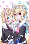  2girls absurdres animal_ear_fluff animal_ears belt_collar black_collar black_jacket blonde_hair blue_eyes blue_hair collar cropped_jacket dog_ears dog_girl dog_tail fake_claws fang fur-trimmed_jacket fur_trim fuwawa_abyssgard hair_ornament hairpin headphones headphones_around_neck highres hololive hololive_english jacket long_hair looking_at_viewer medium_hair mococo_abyssgard multicolored_hair multiple_girls open_mouth paw_print pink_eyes pink_hair remone shirt siblings sisters skin_fang smile streaked_hair tail twins virtual_youtuber white_background white_shirt x_hair_ornament 