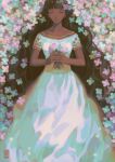  1girl brown_hair closed_eyes closed_mouth dark-skinned_female dark_skin dress driftwoodwolf flower flower_bed greek_mythology holding holding_flower long_hair persephone_(mythology) solo white_dress 