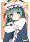  1girl asymmetrical_hair black_thighhighs blue_eyes closed_mouth frilled_hat frills green_hair hat juliet_sleeves knees_up long_hair long_sleeves looking_at_viewer orange_background puffy_sleeves shiki_eiki shinoki_sayuki simple_background sitting smile solo thigh-highs touhou 