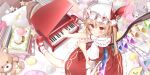  1girl :3 ball blonde_hair blush book book_stack bow closed_mouth crystal fingernails flandre_scarlet frilled_shirt_collar frilled_skirt frills full_body hair_between_eyes hat hat_bow highres instrument looking_at_viewer looking_back looking_up mary_janes mini_piano mob_cap music nail_polish non-web_source official_art open_book piano playing_instrument playing_piano puffy_short_sleeves puffy_sleeves red_bow red_eyes red_footwear red_nails red_skirt red_vest ryota_(ry_o_ta) second-party_source shirt shoes short_sleeves side_ponytail sitting skirt skirt_set socks solo stuffed_animal stuffed_toy teddy_bear touhou touhou_lost_word vest white_headwear white_shirt white_socks wings 