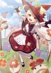  1girl :d absurdres ahoge backpack bag belt black_gloves blue_sky blurry circus clouds cloudy_sky commentary_request depth_of_field dress flag frilled_dress frills genshin_impact gloves hair_between_eyes hat highres jumpy_dumpty klee_(blossoming_starlight)_(genshin_impact) klee_(genshin_impact) lantern light_brown_hair lolita_fashion long_hair looking_at_viewer low_twintails mary_janes orange_eyes outdoors outstretched_arms pantyhose pointy_ears shoes short_sleeves sidelocks sky smile solo spread_arms standing standing_on_one_leg tent throwing twintails vision_(genshin_impact) white_pantyhose witch_hat yukino_imamura 