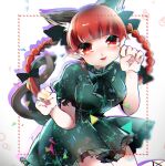  1girl animal_ear_fluff animal_ears black_bow black_ribbon blunt_bangs blush bow bowtie braid cat_ears cat_tail commentary_request dress ear_ribbon fingernails frilled_bowtie frilled_dress frilled_sleeves frills green_bow green_bowtie green_dress hair_bow highres kaenbyou_rin leaning_forward long_hair multiple_tails nekomata one-hour_drawing_challenge open_mouth paw_pose puffy_short_sleeves puffy_sleeves red_eyes redhead ribbon sharp_fingernails short_dress short_sleeves smile suzune_hapinesu tail touhou triangle twin_braids two_tails white_background 