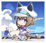  1girl animal_ears blue_eyes blue_sky bright_pupils brown_footwear bucket cheval_grand_(umamusume) chibi clouds commentary commission day dog fishing_rod from_side full_body hat holding holding_bucket holding_fishing_rod horse_ears horse_girl horse_tail horseshoe_ornament light_brown_hair looking_at_viewer medium_hair mouth_hold multicolored_hair no_nose outdoors puffy_short_sleeves puffy_sleeves purple_shirt school_uniform shirt short_sleeves skeb_commission skirt sky standing streaked_hair tail thigh-highs tracen_school_uniform umamusume walking warashi white_headwear white_shirt white_skirt white_thighhighs 
