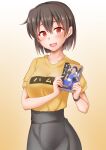  1girl anti_(untea9) black_skirt book brown_eyes brown_hair clothes_writing commentary_request gradient_background highres hiryuu_(kancolle) holding kantai_collection official_alternate_costume shirt short_hair skirt smile solo yellow_background yellow_shirt 