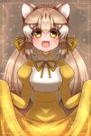  1girl animal_ears bow bowtie cat_ears cat_girl dress extra_ears geoffroy&#039;s_cat_(kemono_friends) grey_hair highres hikarikmy kemono_friends kemono_friends_v_project long_hair looking_at_viewer red_background ribbon simple_background smile solo twintails virtual_youtuber yellow_dress yellow_eyes 