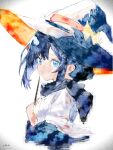  1girl absurdres black_hair black_scarf blue_eyes commentary_request faux_traditional_media from_side hat highres holding holding_wand looking_at_viewer naruhodo_ok one-hour_drawing_challenge original profile scarf signature solo upper_body wand watercolor_effect witch_hat 