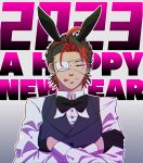  1boy absurdres ahoge animal_ears black_bow black_bowtie black_hair black_vest bow bowtie crossed_arms dated eyepatch gradient_background happy_new_year highres licking_lips looking_at_viewer male_focus mdr_vert multicolored_hair rabbit_ears ranburn_tidal red_eyes redhead shirt simple_background solo streaked_hair tongue tongue_out upper_body vest white_shirt zenonzard 