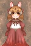  1girl animal_ears bow bowtie brown_eyes brown_hair cat_ears cat_girl dress extra_ears highres hikarikmy kemono_friends kemono_friends_v_project large-spotted_genet_(kemono_friends) long_hair looking_at_viewer red_background red_dress ribbon simple_background solo virtual_youtuber 