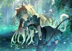  1girl ahoge animal_ears atalanta_(fate) black_gloves blonde_hair boots bow_(weapon) cat_ears cat_tail dress fate/apocrypha fate_(series) forest gloves gradient_hair green_dress green_eyes green_hair highres kaze_minoru_so-ru leaning_forward long_hair multicolored_hair nature tail thigh_boots weapon 