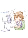  &gt;_&lt; blush_stickers brown_hair chair chibi eating electric_fan folded_ponytail food fujishima_shinnosuke ice_cream ice_cream_cup inazuma_(kancolle) kantai_collection short_hair spoon towel towel_around_neck white_background wind 