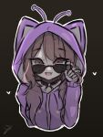  1girl absurdres adjusting_eyewear brown_hair centi_(nimu) choker highres hood hood_up hoodie indie_virtual_youtuber long_hair nimu_(vtuber) nimu_(vtuber)_(3rd_costume) purple_hoodie smile solo sunglasses virtual_youtuber 