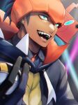  1boy :d blurry collared_shirt commentary_request dark-skinned_male dark_skin earrings eyelashes glint gloves green_eyes hand_up headband highres hood hood_down hoodie jewelry male_focus open_mouth orange_headband pokemon pokemon_(game) pokemon_swsh raihan_(pokemon) rotom rotom_phone shirt short_hair smile tassel teeth tongue upper_body yuna_(yuyu_na_yuyu) 