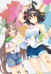  2girls animal_ears brown_eyes brown_hair cover cover_page cowboy_shot dutch_angle graffiti holding horse_ears horse_tail kitasan_black_(umamusume) kuon_kimi looking_at_viewer multicolored_hair multiple_girls red_eyes satono_diamond_(umamusume) shirt shorts sleeveless sleeveless_shirt smile tail two-tone_hair umamusume wall 