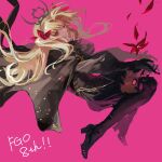  1girl anniversary black_cape black_dress black_footwear black_gloves blonde_hair boots cape dark-skinned_female dark_skin dress ereshkigal_(fate) ereshkigal_alter_(fate) falling_petals fate/grand_order fate_(series) floating flower full_body fur-trimmed_cape fur_trim gloves hair_ribbon high_heel_boots high_heels highres long_hair long_sleeves looking_at_viewer petals pink_background puffy_long_sleeves puffy_sleeves red_eyes red_flower red_ribbon ribbon simple_background smile solo thigh_boots tiara two_side_up ubwmitekure 