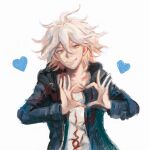  1boy artist_name danganronpa_(series) danganronpa_2:_goodbye_despair green_jacket grey_hair grin hands_up heart heart_hands highres jacket komaeda_nagito looking_at_viewer male_focus medium_hair messy_hair open_clothes open_jacket orenorenji print_shirt shirt short_hair simple_background smile solo teeth white_shirt 